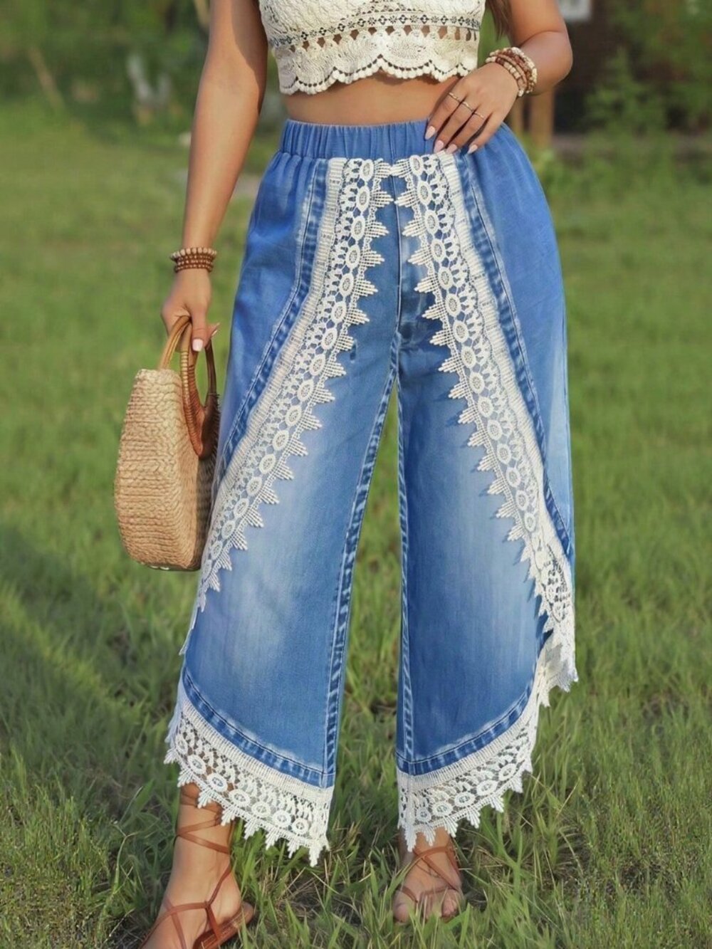Blue Boho Women's Plus Size Casual Floral Trim Palazzo Pants - Picture 3 of 6